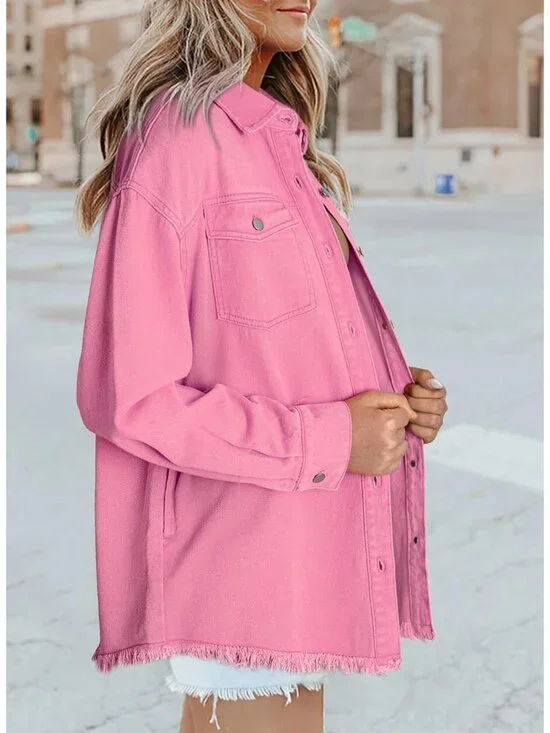 Women's Oversized Denim Jacket Long Sleeve Denim Shirt Jean Jacket B2 Pink - Picture 3 of 6